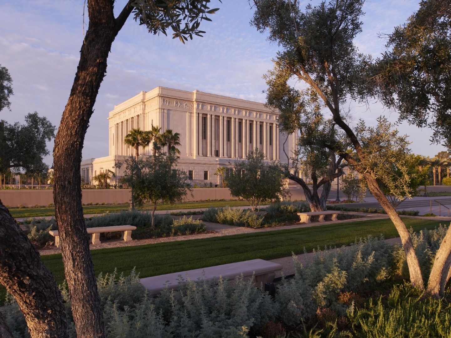 Mesa Arizona Temple and its grounds at sunset