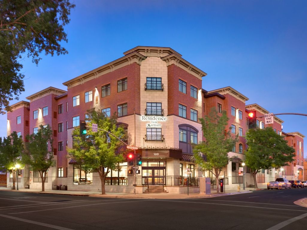 Residence Inn by Marriott in downtown Flagstaff at dusk, built by Porter Brothers